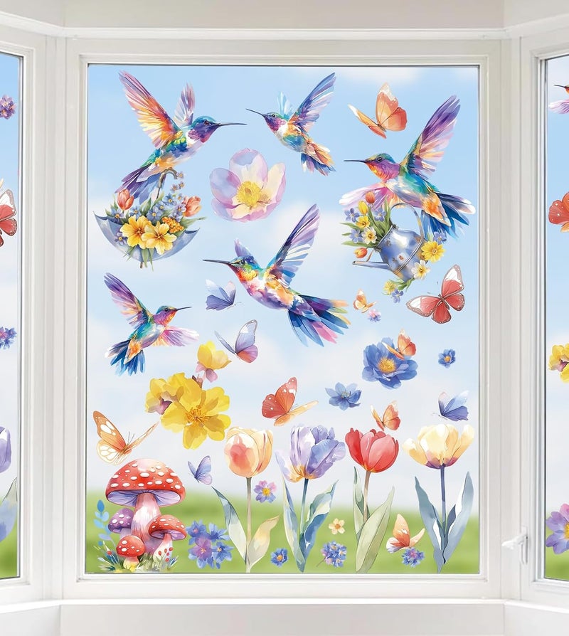 JMHACHY Easter Window Clings Decorations - 9 Sheets Easter Flower Window Clings, Colorful Hummingbirds, Butterflies Stickers for Glass Windows, Double-Sided Static Decals - Image 1